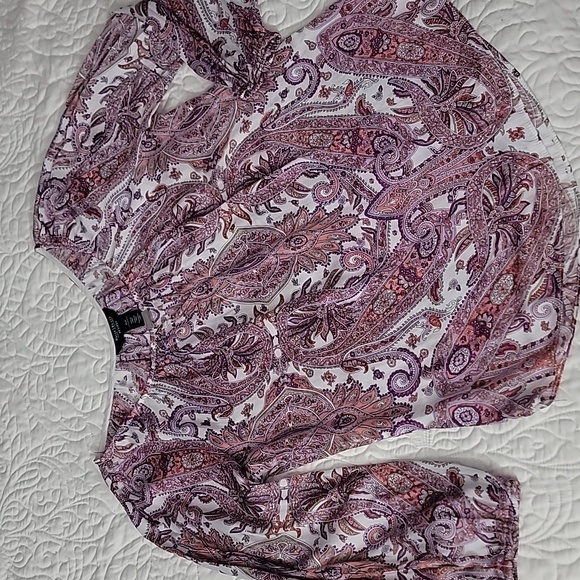White House Black Market Tops - White House Black Market Purple and White Paisley Blouse With Slits On Sleeves